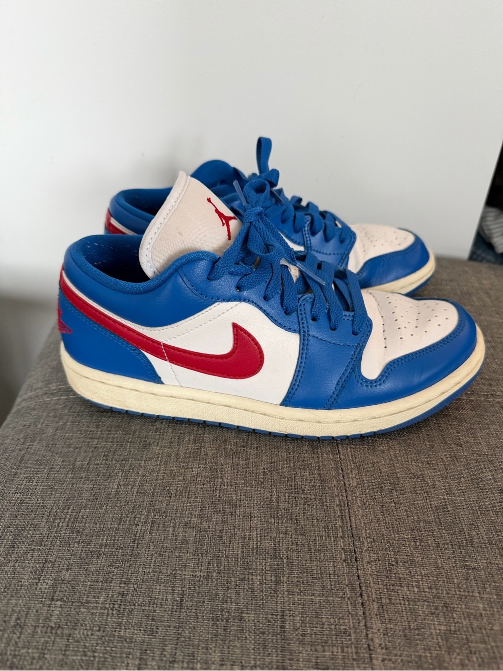 Women’s Air Jordan Low-Top Sneakers in White, Blue & Red